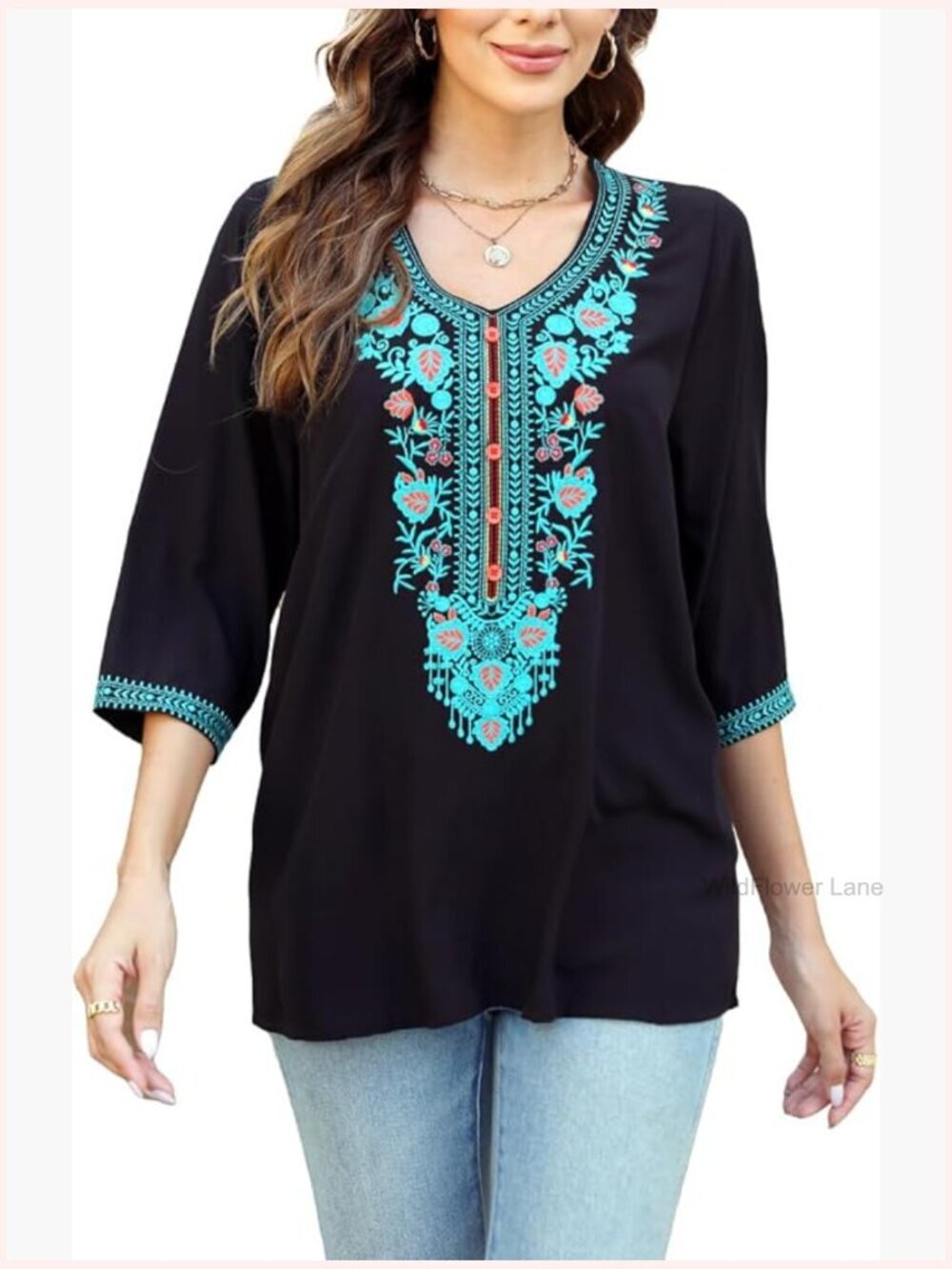 Embroidered 3/4 Sleeve V-Neck Boho Peasant Tunic Top Blouse Women